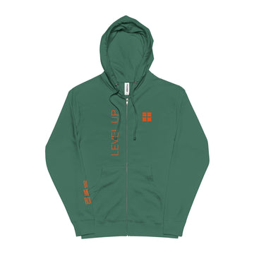 Level Up Zip Hoodie — Green Fleece Full-Zip Hoodie with Orange 'Level Up' Graphics
